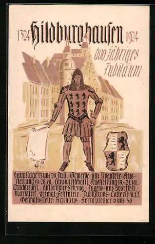 Künstler-AK Hildburghausen, 600 jähriges Stadtjubiläum 1924, Ritter mit Gründungsurkunde