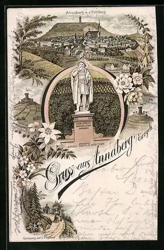 Lithographie Annaberg /Erzgeb., Denkmal Herzog Georg des Bärtigen, Aussichtsturm auf dem Galgenberg