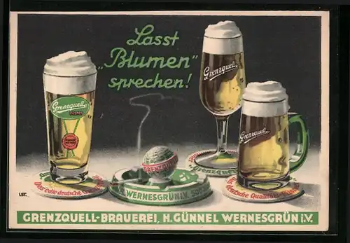 AK Wernesgrün i. V., Grenzquell-Brauerei H. Günnel, Bier-Reklame