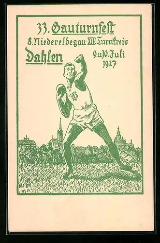 Künstler-AK Dahlen, 33. Gauturnfest 8. Niederelbegau XIV. Turnkreis 1927, Kugelstosser