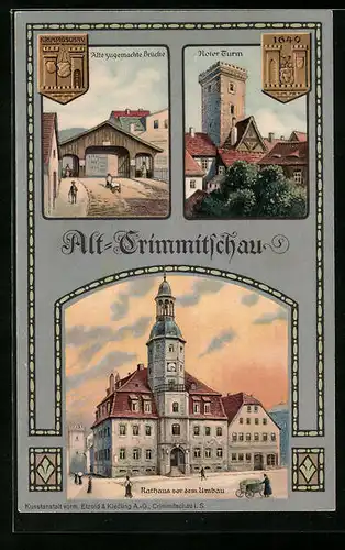 Künstler-AK Crimmitschau, Festpostkarte Stadtrechtsfeier 1914, Rathaus, Roter Turm