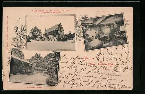 AK Sornzig, Klosterschänke und Handlu8ng von W. Finke, Gartenrestaurant