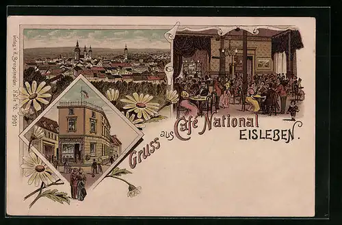 Lithographie Eisleben, Strassenpartie mit Cafe und Conditorei National, Ortsansicht