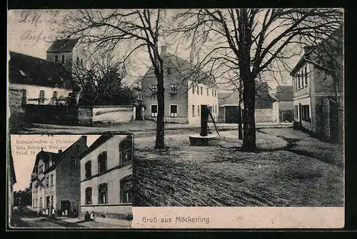 AK Möckerling, Kolonialwaren und Fleischerei Reinhold Weniger, Strassenpartie, durch Tagebau devastiert