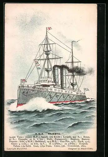 Künstler-AK Britisches Kriegsschiff HMS Majestic auf hoher See