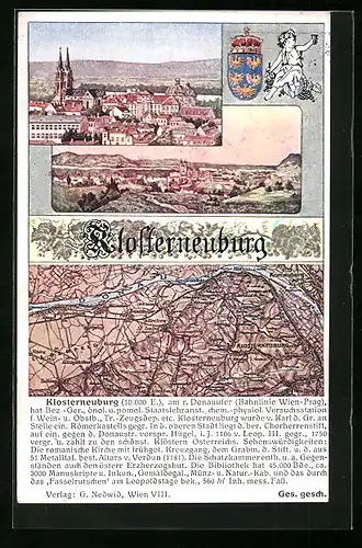 AK Klosterneuburg, Totalansicht aus der Ferne, Landkarte der Umgebung