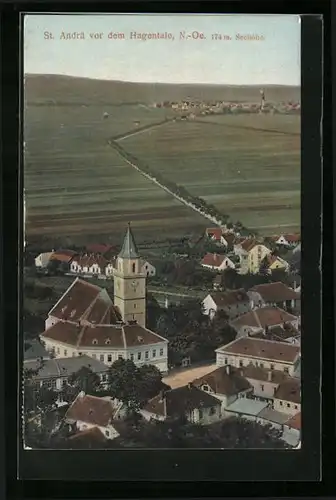 AK St. Andrä, Ortspartie mit Kirche aus der Vogelschau