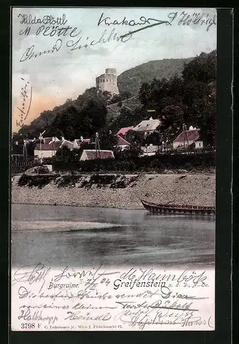 AK Greifenstein /Donau, Uferpartie mit Blick zur Burgruine