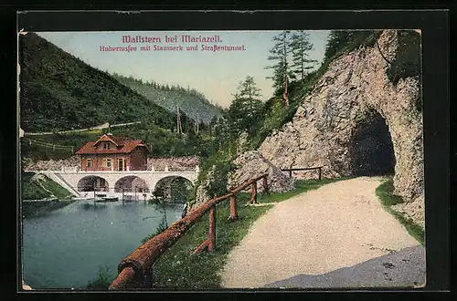 AK Wallstern bei Mariazell, Hubertussee mit Stauwerk und Strassentunnel