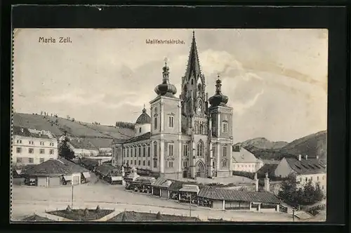 AK Mariazell, Wallfahrtskirche aus der Vogelschau