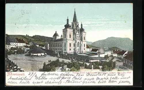 AK Mariazell, Wallfahrtskirche mit Ladenfronten