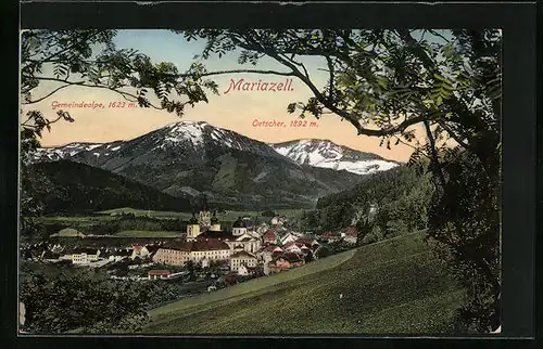 AK Mariazell, Ortsansicht aus der Vogelschau mit Gemeindealpe und Oetscher