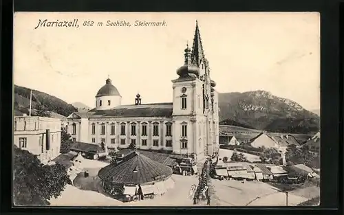 AK Mariazell, Ortspartie mit Pavillon, Kirche und Prozession aus der Vogelschau