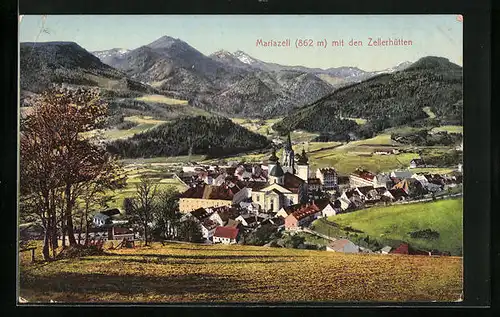 AK Mariazell, Ortsansicht aus der Vogelschau mit den Zellerhütten