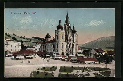 AK Mariazell, Walfahrtskirche mit Parkanlage aus der Vogelschau