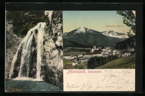 AK Mariazell, Gesamtansicht mit Ötscher, Wasserfall