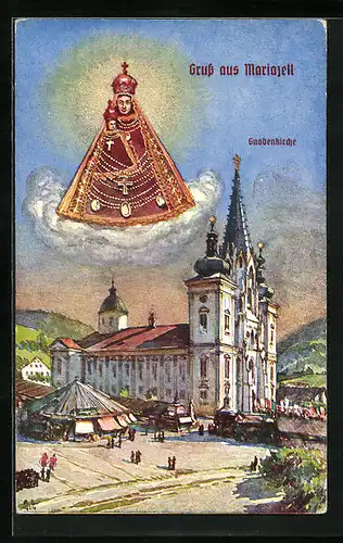 Künstler-AK Mariazell, Schwebende Madonna mit Krone, Kirche aus der Vogelschau