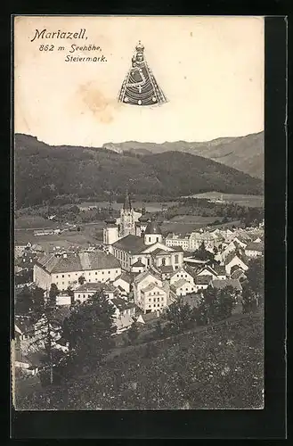 AK Mariazell, Ortsansicht aus der Vogelschau mit schwebender Madonna