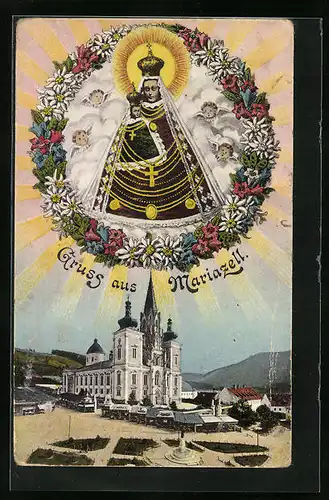 AK Mariazell, Gekrönte Maria mit dem Kinde und Engeln im Blumenkranz über der Wallfahrskirche schwebend