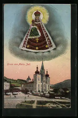 AK Mariazell, Schwebende Jungfrau über der Kirche