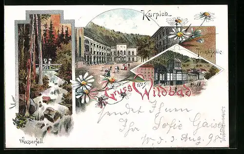 Lithographie Wildbad, Kurplatz, Trinkhalle, Wasserfall