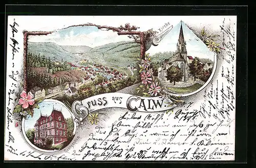 Lithographie Calw, Gesamtansicht, Kirche, Georgenäum