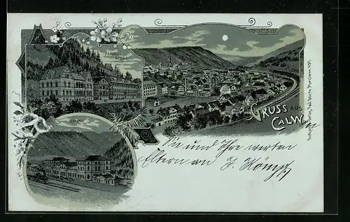 Mondschein-Lithographie Calw, Ortsansicht, Handelsschule, Bahnhof
