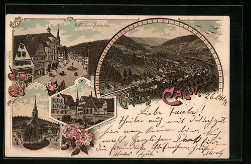 Lithographie Calw, Gesamtansicht, Rathaus mit Marktplatz, Nicolauskapelle, Kirche
