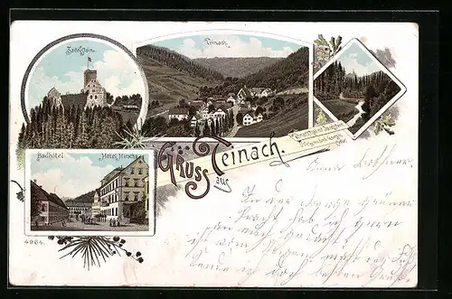 Lithographie Teinach, Ortsansicht, Zavelstein, Badhotel, Hotel Hirsch