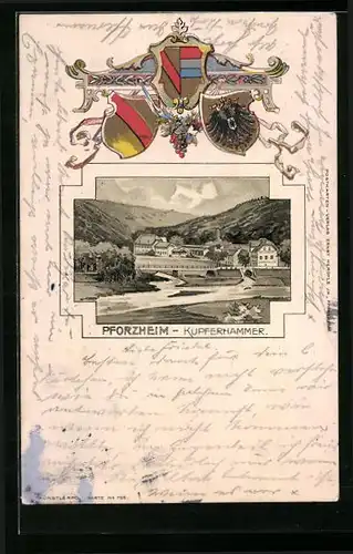 Passepartout-Lithographie Pforzheim, Kupferhammer mit Wappen