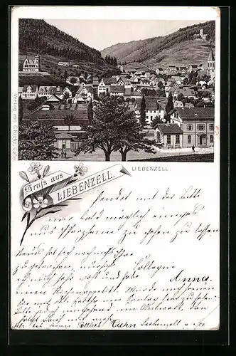 Vorläufer-Lithographie Liebenzell, 1895, Ortsansicht mit Bahnhof
