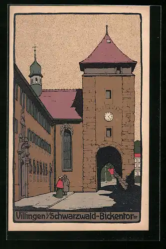 Steindruck-AK Villingen /Schwarzwald, Bickentor mit Spaziergängern