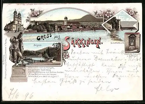 Lithographie Säckingen, Ortsansicht, Scheffelturm, Bergsee