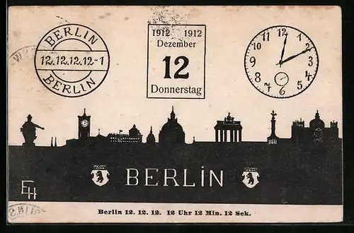 Künstler-AK Berlin, Stadtsilhouette, Kalenderblatt 11. Dezember 1913, Uhr, 11.12.13