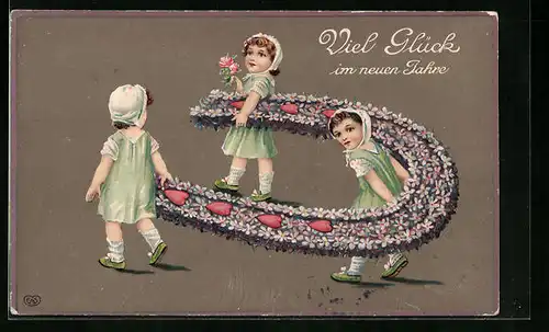 Präge-AK Blumenbild, Drei Mädchen mit einem Hufeisen, Neujahrsgruss