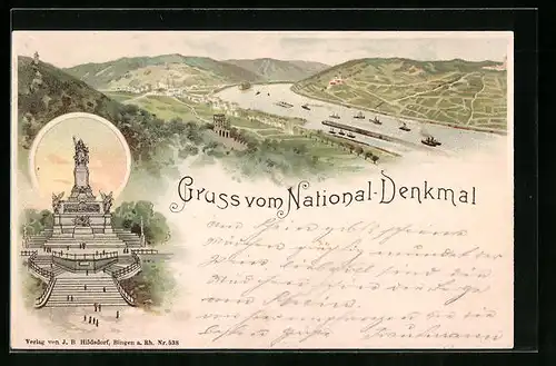 Lithographie Rüdesheim, Nationaldenkmal, Teilansicht