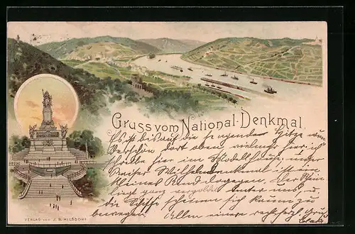 Lithographie Rüdesheim, Nationaldenkmal, Teilansicht