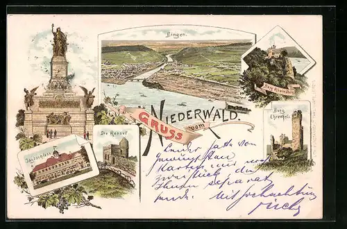 Lithographie Rüdesheim, Niederwald Nationaldenkmal, Burg Ehrenfels, Die Rossel