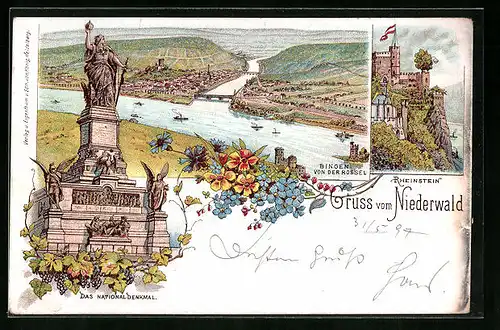 Lithographie Rüdesheim, Niederwald Nationaldenkmal, Bingen von der Rossel, Rheinstein