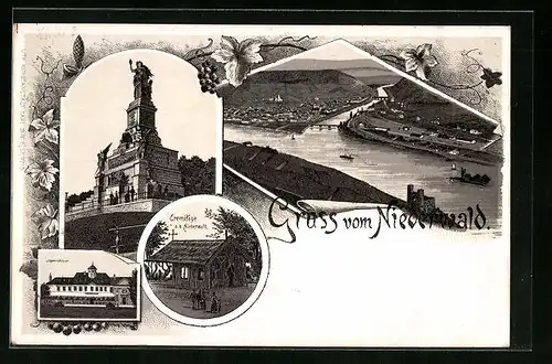 Lithographie Rüdesheim, Nationaldenkmal, Teilansicht Eremitage a. d Niederwald, Jagdschloss