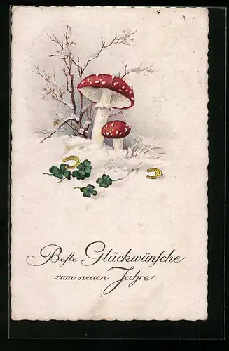 AK Neujahrsgrüsse, Im Schnee wachsende Fliegenpilze mit Kleeblättern und Hufeisen
