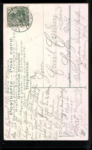 Präge-AK Weisse Brieftaube zu einem Briefkasten fliegend, Blumenbild