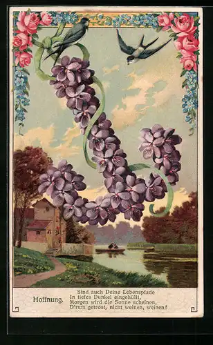 Präge-AK Hoffnung, Anker in Frühblühern geschmückt, Schwalben, Blumenbild