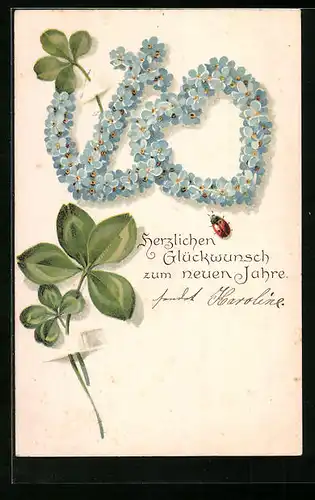 AK Neujahrsgrüsse, Anker und Herz im Blumenbild, Kleeblätter und Marienkäfer