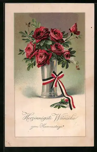 AK Rosenstrauss in einer Blumenvase, Band in den Farben des Kaiserreichs