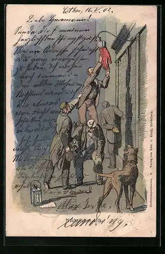 Lithographie Nächtlicher Ulk betrunkener Studenten