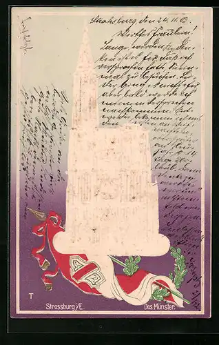 Präge-AK Strassburg i. E., Das Münster, Fahne und Kranz aus Eichenlaub