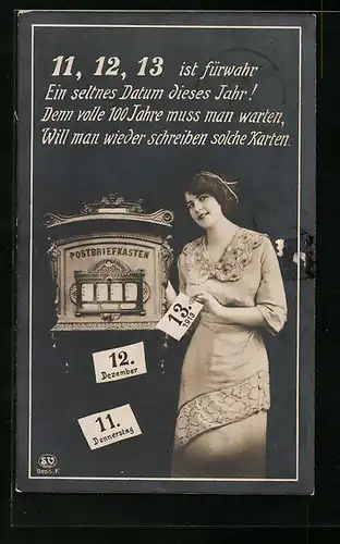 AK Kurioses Datum 11.12.1913, Hübsche Frau am Briefkasten