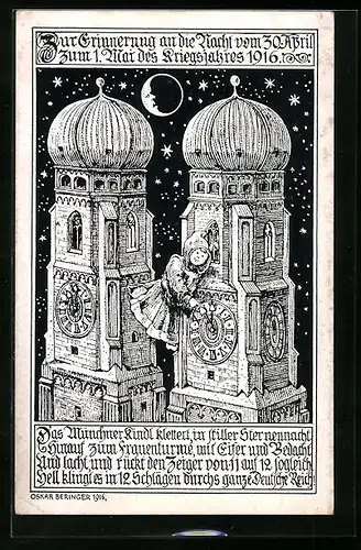 Künstler-AK Einführung der Sommerzeit 1916, Münchner Kindl stellt die Uhr vor