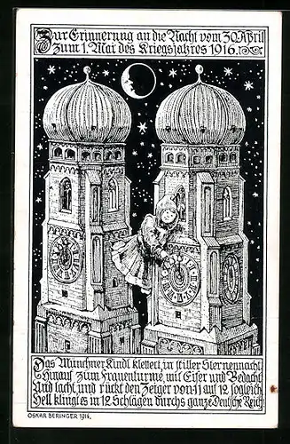 Künstler-AK Einführung der Sommerzeit 1916, Münchner Kindl stellt die Uhren der Frauenkirche vor